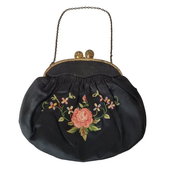 Vintage Black Kiss Lock Clasp Purse Hand Embroidered Rose Vines and Flowers - Picture 2 of 10
